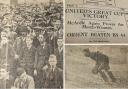 Carlisle United fans at Brunton Park in 1936, left; top right, our headline as United beat Orient in the FA Cup in 1936; bottom right, visiting keeper Hillam pictured during the Brunton Park game