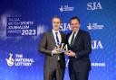 News & Star's Jon Colman accepting his award at the Sports Journalism Awards 2023