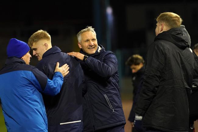 Carlisle United manager Keith Millen shows his delight after the win against Walsall (photo: Barbara Abbott)
