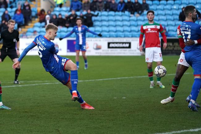 Sam Fishburn shoots on his full Carlisle United debut against Walsall (photo: Barbara Abbott)