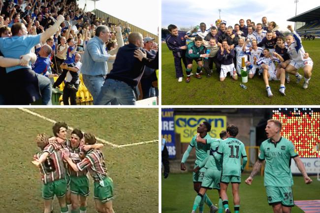 Clockwise from top left: Fans celebrate Matty Glennon's save in 2004; United clinch promotion in 2006; celebrations after JJ Kayode's equaliser in 2019; Richard Prokas scores a rare goal (images: Jonathan Becker / Barbara Abbott / YouTube)