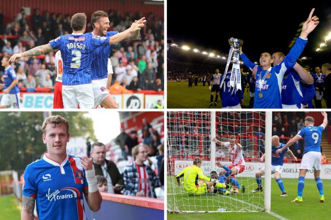 Clockwise from top left: Lee Miller and Matty Robson celebrate in 2013; Magno Vieira toasts promotion in 2005; Jason Kennedy scrambles home in 2016; Tom Miller after his  winner in 2015 (photos: Barbara Abbott / News & Star)