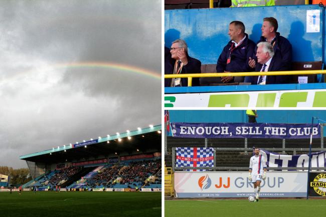 Will a new dawn ever break over Carlisle United? Top right, prospect of takeover involving Philip Day/EWM is now over. Bottom right, an Oldham fans' banner at Brunton Park - a message echoed by many United fans (photos: Barbara Abbott / Stuart Walker)