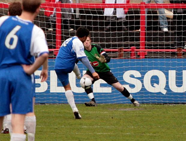 News and Star: Collin, playing for Workington, saves a Stalybridge Celtic penalty in 2009 (photo: Tom Kay)