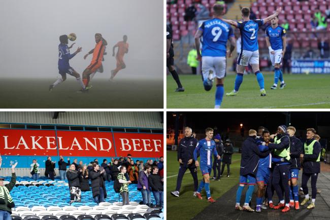 Eventful times (clockwise from top left): fog at Colchester, five-goal encounter at Orient, Abrahams' winner against Walsall, Forest Green's Dale Vince beneath a firmly non-vegan slogan (photos: Richard Parkes / Barbara Abbott)