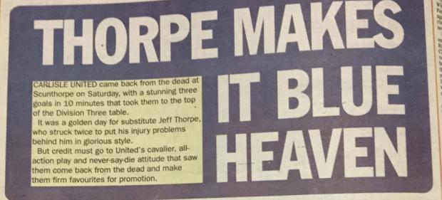 News and Star: The News & Star headline after Jeff Thorpe's sensational double at Scunthorpe