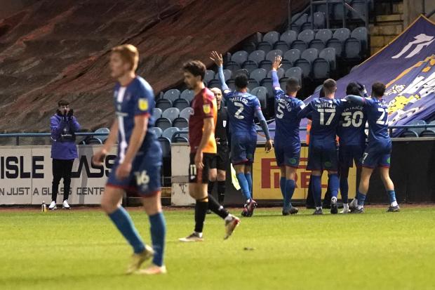 News and Star: United players wave to the Bradford fans after Omari Patrick's goal (photo: Barbara Abbott)