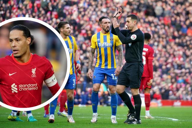 Ryan Bowman, centre, pictured during Shrewsbury's FA Cup tie at Anfield, when he came up against Virgil van Dijk, inset (photos: PA)