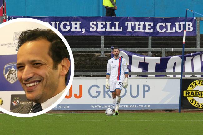 Oldham owner Abdallah Lemsagam, inset, says he is prepared to sell the club. Main picture: travelling Latics fans display banners at Brunton Park in October (photos: Barbara Abbott / PA)