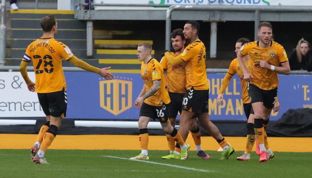 News and Star: Telford, centre, is pictured after scoring against Mansfield (photo: Richard Parkes)