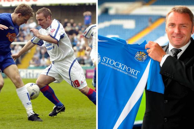 News and Star: Paul Simpson, left, in action for United at Stockport - a club he later managed, right