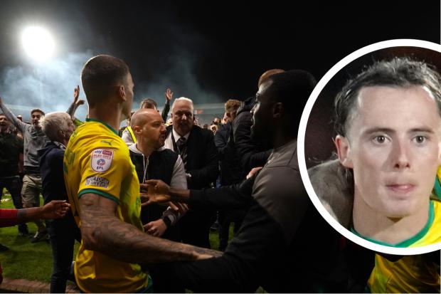 McKirdy, inset, said he was attacked in the post-match pitch invasion (photos: PA)