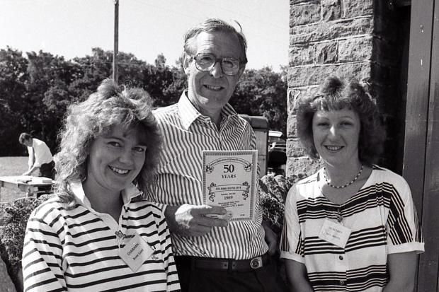 Anne Laird, chairman, and Julie Bendle, secretary, pictured with Joe Harris at a celebration event held at Brackenburgh, Calthwaite to mark the 50th anniversary of the YFC movement in Cumbria in July 1989.