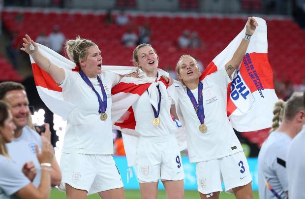 News and Star: Millie Bright, Ellen White and Rachel Daly celebrate victory over Germany. Credit: Nigel French/PA