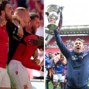 Morecambe, left, and Hartlepool will face Carlisle in the Papa John's Trophy (photos: PA)