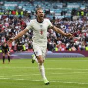 England’s Harry Kane celebrates after scoring against Germany at Wembley. Photo: (Andy Rain, Pool via AP).