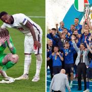 Agony and ecstasy: Raheem Sterling consoles Jordan Pickford, left, and Italy lift the trophy (photos: PA)