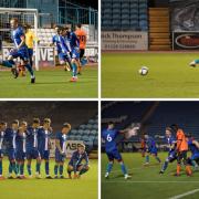 Drama: Fishburn puts United ahead, top left, before having a penalty saved, top right. Ellis makes it 3-2, bottom right, but Carlisle went on to lose on penalties, bottom left (photos: Barbara Abbott)
