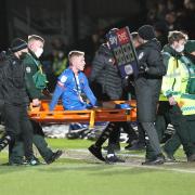 Joel Senior: The defender was stretchered off at Salford (photos: Barbara Abbott)