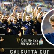Chris Harris, inset, and his Scotland team-mates celebrate their victory over England in the Six Nations opener (photos: PA)