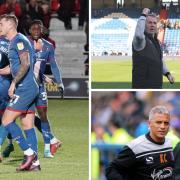 Carlisle United, left, are now just five points clear of Oldham and John Sheridan, top right. Bottom right, Keith Curle called for 