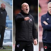 Colchester's Wayne Brown, left, Scunthorpe's Keith Hill, centre and Leyton Orient's Kenny Jackett, right, all see their struggling sides in League Two action tonight (photos: Barbara Abbott / PA)