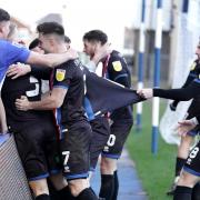 Callum Guy (Carlisle United) pulls the players back to restart - Oldham Athletic v Carlisle United, Boundary Park, Skybet League2, Photographer Barbara Abbott, NO UNAUTHORISED USE.