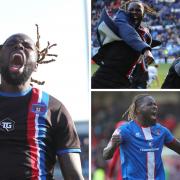 Emotion: Simeu celebrates at Barrow, left, Tranmere, top right and Leyton Orient, bottom right (photos: Richard Parkes)