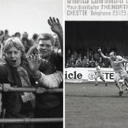 United fans, left, celebrate promotion after Pop Robson's goal, right