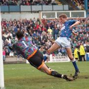David Reeves opens the scoring in Carlisle's thrashing of Barnet in October 1994