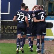 Paul Huntington, right, is congratulated after his equaliser (photo: Barbara Abbott)