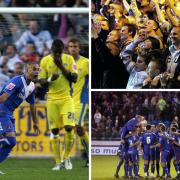 Simon Hackney, left, puts United level; top right, fans celebrate; bottom right, the Blues celebrate the victory