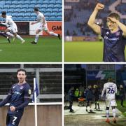 Clockwise from top left: Jack Ellis speeds away from Tranmere attention; Man-of-the-match Ellis celebrates at full-time; Dynel Simeu leaves the pitch; Jordan Gibson after his opener