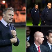 Paul Simpson is preparing Carlisle for a clash with Salford, managed by Neil Wood, top right, and owned by the Class of 92 Manchester United legends, where Nicky Butt recently replaced Gary Neville as chief executive, bottom right