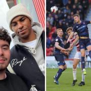 Marcus Rashford poses for a photo with Carlisle fan Ashton Tyers at Doncaster, left, before watching the Blues' 2-1 defeat at the Eco-Power Stadium, right