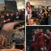 Carlisle fans, left, prepare to knock back hundreds of Jagermeisters in the Cask and Feather, top right, before the victory at Rochdale, bottom right