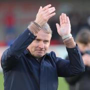 Paul Simpson applauds United's travelling fans at Crawley