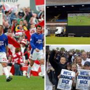 Paul Simpson and his Blues team-mates pictured during their game at Doncaster in 2004, left; a big screen showing the game at Brunton Park, top right; fans show News & Star posters at Belle Vue as Carlisle prepare for life in the Conference, bottom right