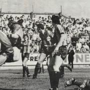 Wayne Entwistle, far right, scores Carlisle's consolation against Bradford in August 1985