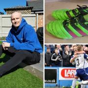Nick Anderton, left, recently retired amid his battle with osteosarcoma, a rare bone cancer. The boots, top left, he wore when scoring his first senior goal for Barrow, bottom right, are being raffled in aid of Nick as well as a Cumbrian hospice