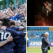 Carlisle United won the second leg 3-1, left. Top left, fireworks were set off in the middle of the night near to where Mark Hughes, bottom right, and his players were staying