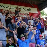 Fans celebrate the second Carlisle goal - Stevenage v Carlisle United, Lamex Stadium, Skybet League1 - Photographer Barbara Abbott, NO UNAUTHORISED USE
