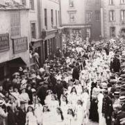 Morris dancers leading the procession for the George V coronation celebrations, 1911, Market Place, Wigton.