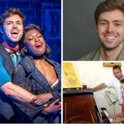 Dom Simpson, left, as Christian in Moulin Rouge! The Musical. Top right, the 28-year-old Cumbrian is an established West End star. Bottom right, pictured playing the piano aged 11 with dad Paul