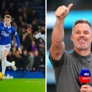 Jamie Carragher, right, lavished praise on Jarrad Branthwaite before Everton's draw with Crystal Palace on Monday, left