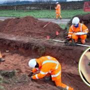 OCA team doing speed recording on project next to A66 with inset of Roman brooch discovered