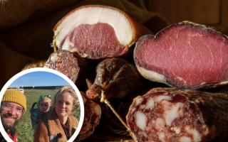 Charcuterie sold and made by Stonehouse Smokery (main pic) and inset pic of (l-r) Lee Scrimgeour, child Soren and wife Rochelle