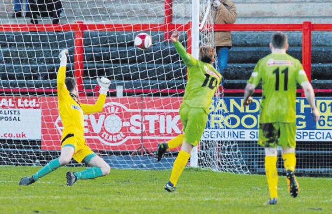 Unstoppable: Brady Hickey fires Barwell into a first-half lead, giving Reds keeper Aaran Taylor no chance (Photos: Tom Kay)