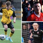 Kai Nugent, left, started in Annan's dramatic draw with Falkirk, while Jake Allan, top right, was in the Workington Reds side. Bottom right, Kyle Dempsey was among the ex-Blues on the scoresheet this weekend