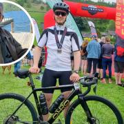 Noah after completing the Fred Whitton Challenge in memory of his grandfather Norman (inset)